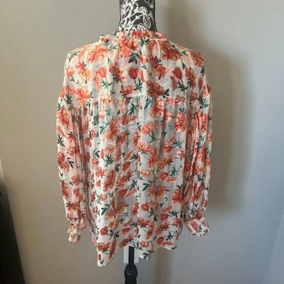 Alice and Olivia Floral Womens Silk Shirt Top Blouse Orange Peach Long Sleeve SM - Picture 7 of 7